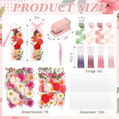 AmazingSpark 222 Pcs Dried Flower Bookmark Kit with Tassels, Pink - Image 2