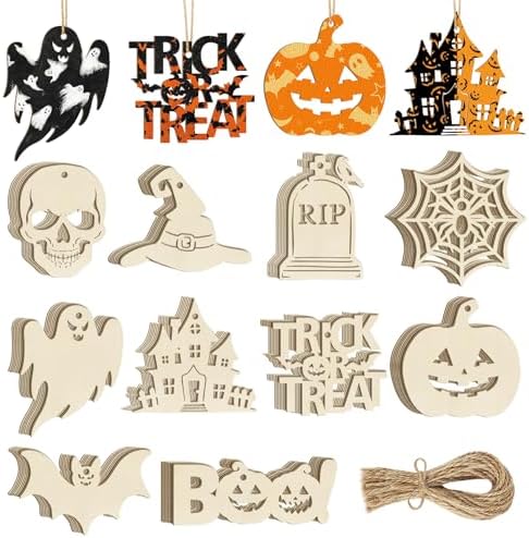 80PCS Wooden Halloween Ornaments to Paint Fall Decorations,10 Styles DIY Blank Autumn Unfinished Wood Skull Pumpkin Ghost Bat Boo Trick or Treat Halloween Cutouts Ornament for Crafts Party Hanging by Sophena