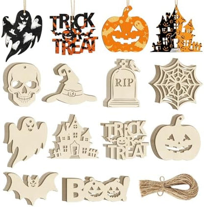 80PCS Wooden Halloween Ornaments to Paint Fall Decorations,10 Styles DIY Blank Autumn Unfinished Wood Skull Pumpkin Ghost Bat Boo Trick or Treat Halloween Cutouts Ornament for Crafts Party Hanging by Sophena