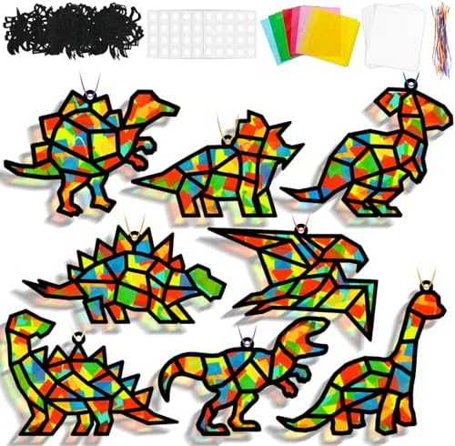 Lonfliness 32Sets Dinosaur Suncatchers Crafts Kit DIY Dino Window Stained Glass Effect Paper Dinosaur Animal Home School Classroom Decoration Art Craft Creative Activity Project Kid Gift Favor by Lonfliness