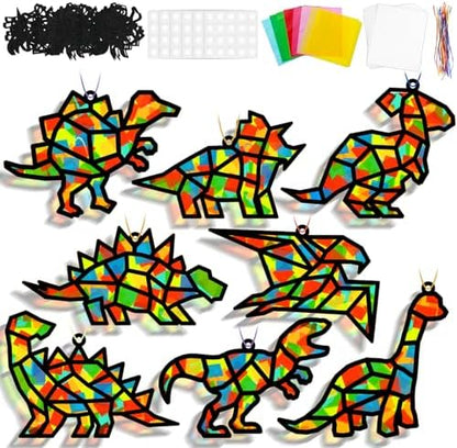 Lonfliness 32Sets Dinosaur Suncatchers Crafts Kit DIY Dino Window Stained Glass Effect Paper Dinosaur Animal Home School Classroom Decoration Art Craft Creative Activity Project Kid Gift Favor by Lonfliness