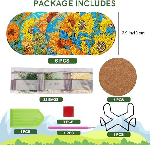 EWJRNSF 6 PCS Sunflower Diamond Painting Coasters Kit for Adults DIY Craft - Image 2