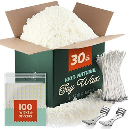 Hearth & Harbor Soy Candle Wax for Candle Making, Natural Soy Wax for Candle Making 30 lb Bag with Supplies, 100 Cotton Candle Wicks, 100 Wick Stickers, 2 Centering Devices - 30 Pounds Soy Wax Flakes by HearthHarbor