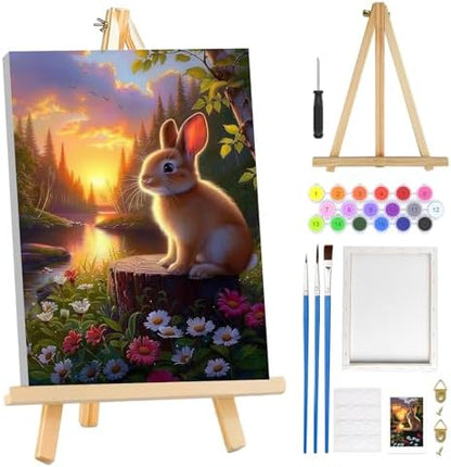MOGTAA Easter Bunny Paint by Numbers Kit for Adults Beginners with Frame, Landscape Adult Paint by Number Kits on Canvas with Easel, Easy DIY Flowers Oil Painting Kits for Home Decor, 8x12in by MOGTAADIYHomeDecor