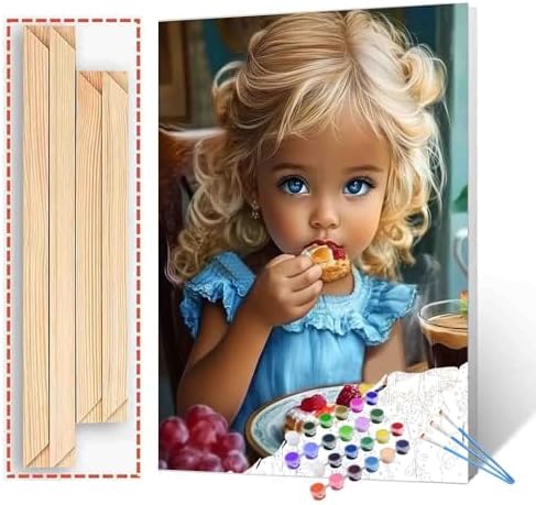 DIY Paint by Numbers for Adults African American Expression Painting Acrylic Paint Cute Little Girl DIY Oil Painting Kits Child Eating Food Canvas Wall Art Living Room Decor 16x20 Inch（DlY Frame by TUMOVO