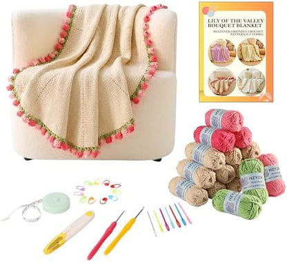 HZYZW Crochet Flower Blanket Kit for Beginners, 40'' Lily of The Valley Bouquet, Blanket Shawl Throw Kits for Adults, How to Knitting with Yarn, Home Decor Gifts for Crocheters (Grey-Pink Lily) by HZYZW