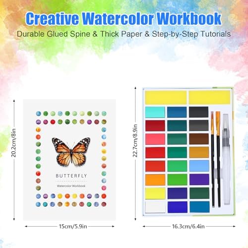 CraftyManor Watercolor Workbook for Beginners, 24 Colors Water Color Paint Set with Paints & Brushes, Creative Adult Coloring Book with 12 Patterns of Original DIY Designs (Butterfly) - Image 2