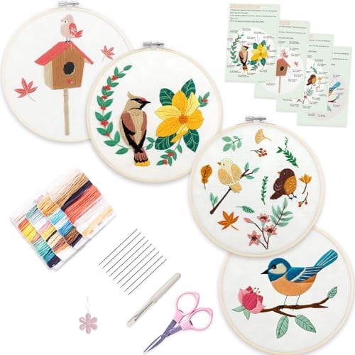 Bonroy 4 Sets Embroidery Set for Beginners, Art Craft, Easy Sewing, Includes Embroidery Clothing, Pattern, Embroidery Hoop, Instruction Manual, Colorful Thread Needles Set (6 Pieces) by Bonroy