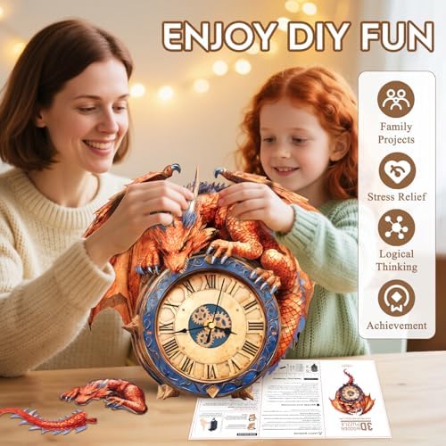 3D Puzzles for Adults Wooden Fire Dragon Puzzle Clock Adult Crafts - Image 5