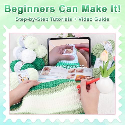 Reessy Crochet Blanket Kit for Adult Beginners, Green Ombre Chenille Yarn - Image 6