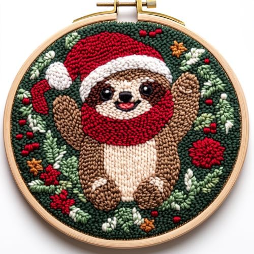 DIY Punch Needle Kits Cartoon Sloth with Christmas with Hoop 20x20cm-3 by Unknown