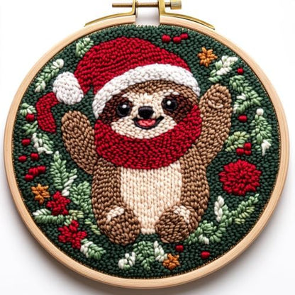 DIY Punch Needle Kits Cartoon Sloth with Christmas with Hoop 20x20cm-3 by Unknown