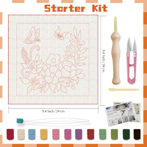 BEUNITONE 2 Sets Flower Punch Needle Kits Butterfly Beginner Punch Embroidery Kits with Frame Embroidery Starter Kits Punch Stitching Kit with Instruction for Wall Hanging Painting 9.4'' x 9.4'' - Image 2