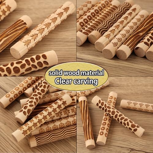 11-Pc Wood Texture Roller Set – Embossed Pattern Clay Rolling Pins & Carved Stamps for Handbuilding Pottery DIY Art Crafts (11 Wooden Texture Sticks) - Image 4