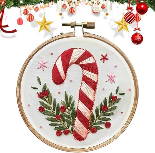 RUIQLXHANG Christmas Embroidery Kit, Christmas Gnomes Embroidery Kits for Beginners with Pattern, Cotton Threads, Needles, Instruction, 20cm Hoop, Gift for Mom, Grandma (Scepter Candy) by RUIQLXHANG
