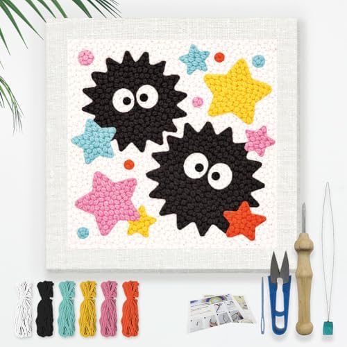 Doodlream Cute Black Elves Needle Kit for Beginner, 9.4"x 9.4" Color Star Punch Stitching Craft Set, DIY Embroidery Starter with Printed Frame, Instruction, Threader, Yarn, Pinch Needle by Doodlream