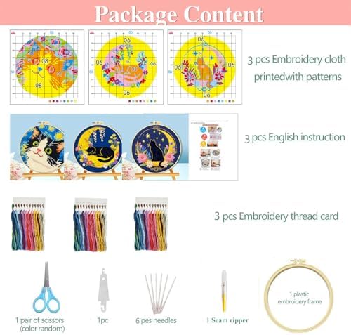 FEIYUENO 3 Sets Cross Stitch Embroidery Kit for Beginner Adults (Cat) - Image 2
