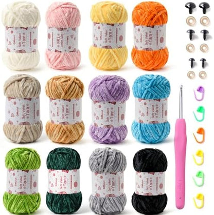 12 Pack Chenille Chunky Yarn - Baby Yarn for Crocheting Soft - Yellow Green Blue Purple Gray White Black Velvet Yarn Crochet Blanket - Amigurumi Yarn Pack with Crochet Accessories E by OMoiut