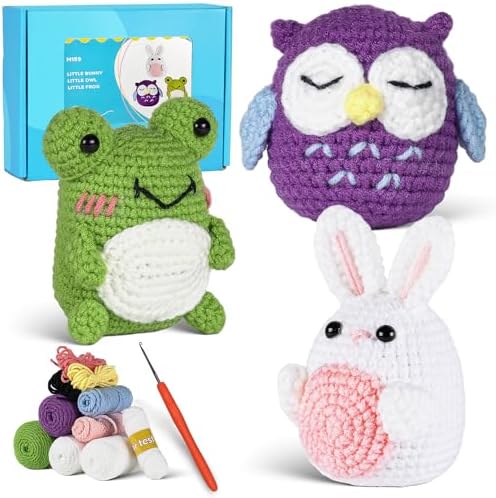 YESJOLI Crochet Animals kit for Beginners,Crochet Knitting kit Crafts for Adult Women DIY with Step-by-Step Video,Easy Learn tutorials to Crochet Kits,Yarns,Hook,Accessories (White Rabbit Frog owl) by Unknown
