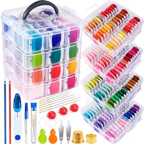 BYMORE 262 Pack Embroidery Thread Floss Kit Including 200 Colors 8 M/Pcs Cross Stitch Sewing Thread with Floss Bins and 62 Pcs Cross Stitch Tool,4-Tier Transparent Storage Box by BYMORE