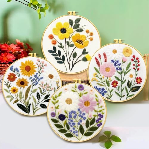 Zhenqing 4-Piece Floral Embroidery Kit for Beginners - Complete Set with Printed Cotton Fabric, Hoop, Threads & Tools (C0155) - Image 3