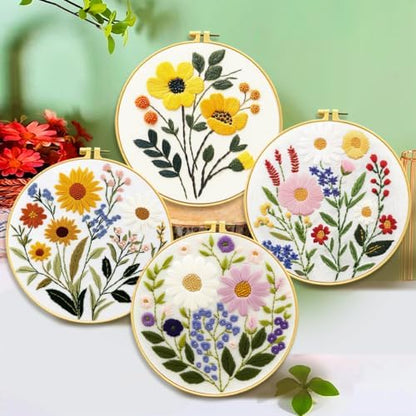 Zhenqing 4-Piece Floral Embroidery Kit for Beginners - Complete Set with Printed Cotton Fabric, Hoop, Threads & Tools (C0155) - Image 3
