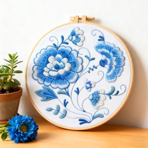 BEUNITONE 4 Set Embroidery Kit for Beginners, Blue Flower Cross Stitch Kits, Needlepoint Kits for Adults with Instructions and Full Kit, Classical Hand Embroidery Patterns for Cloth and Home Decor - Image 6