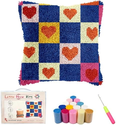 Latch Hook Kits for Adults Beginner,17x17 inch Butterfly Floral DIY Crochet Pillow Cover Kit Pre-Printed Pillowcase Hook and Latch Kit Needlework Cushion Cover for Home Sofa Decor (Grid Heart) by Unknown