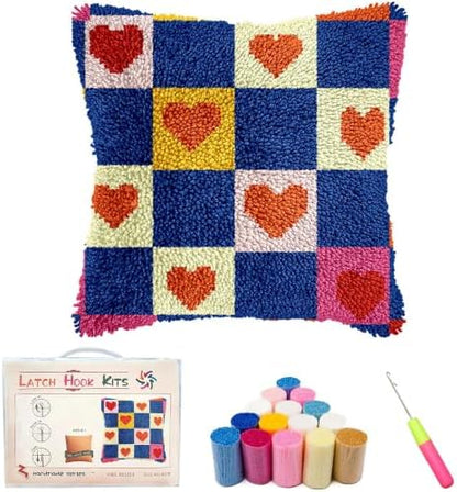 Latch Hook Kits for Adults Beginner,17x17 inch Butterfly Floral DIY Crochet Pillow Cover Kit Pre-Printed Pillowcase Hook and Latch Kit Needlework Cushion Cover for Home Sofa Decor (Grid Heart) by Unknown