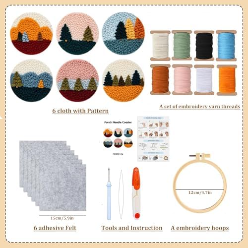 Starter Needle Coasters Kit, Punch Needle Embroidery DIY Set for Beginners Adults, Easy Coasters Kit with Adhesive Felt, Yarns, Embroidery Hoop (Multi landscape2) - Image 2