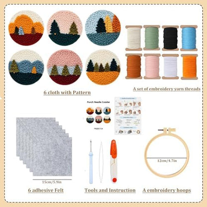 Starter Needle Coasters Kit, Punch Needle Embroidery DIY Set for Beginners Adults, Easy Coasters Kit with Adhesive Felt, Yarns, Embroidery Hoop (Multi landscape2) - Image 2