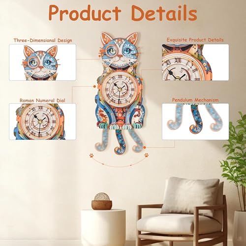 3D Puzzles for Adults Wooden Cat Clock Craft Kits with Pendulum - Image 4