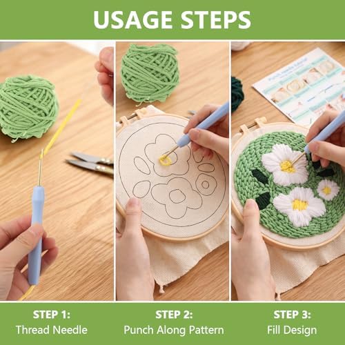 JITIERYALO Punch Needle Kit for Beginners, Green Floral Embroidery Starter Set with Hoop, Patterned Fabric, Punch Needle and Yarn for DIY Needlework Crafts - Image 5