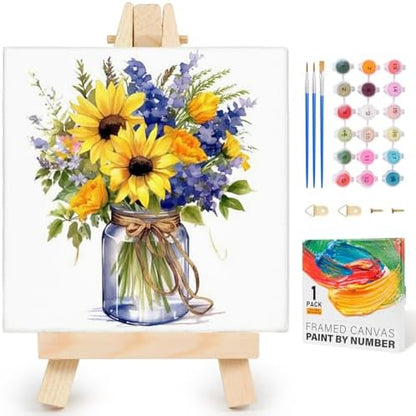 Yezavesu Flower Framed Paint by Numbers Kit for Adults Beginner & Kids Ages 8-12, Flowers Paint by Number Without Easel, DIY Adult Paint by Numbers Sunflower for Home Wall Decor Gift 10x 10 inch by Yezavesu