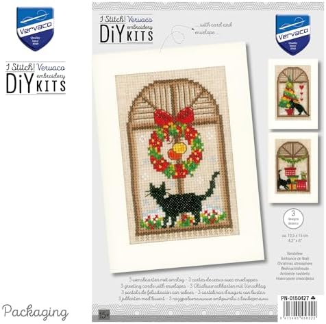 Vervaco Counted Cross Stitch Christmas Cards Kit Set of 3 Festive Feline Holiday Embroidery Kit for Beginners ca. 10,5 x 15 cm DIY Stationairy Set Gift for Crafters - Image 3