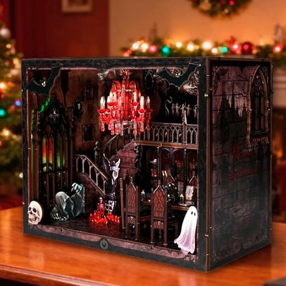 Haunted Manor DIY Miniature House Kit with LED Lights - Gothic Book Nook Decor, 3D Wooden Puzzle for Adults, Halloween Home Decoration (AAA Batteries Not Included) - Image 4
