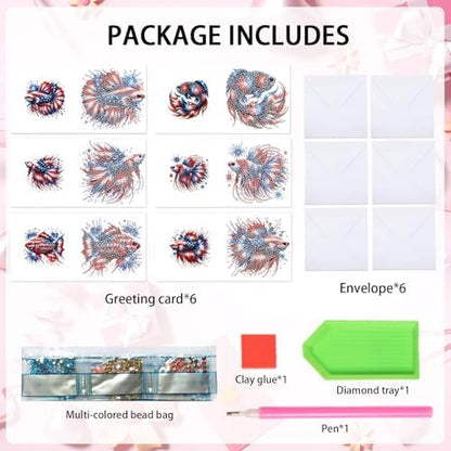 6-Piece 5D Diamond Art Greeting Card Kit with Envelopes, USA Independence Day Goldfish Design, DIY Special Shape Diamond Painting Greeting Cards for Adults, Handmade Card Craft Holiday Gift, 30x15cm - Image 2