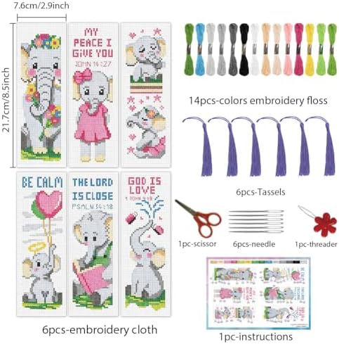INFUNLY 6 Pcs Cute Elephant Cross Stitch Bookmark Kit with Tassels, Stamped Pre-Printed Bible Verse Embroidery for Adults Beginners, DIY Floss Scissors Needles Tool Set, Craft Gift for Book Lovers - Image 3
