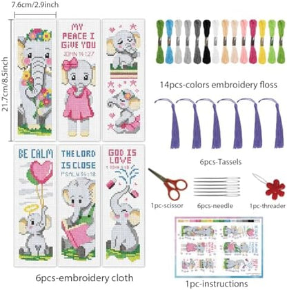 INFUNLY 6 Pcs Cute Elephant Cross Stitch Bookmark Kit with Tassels, Stamped Pre-Printed Bible Verse Embroidery for Adults Beginners, DIY Floss Scissors Needles Tool Set, Craft Gift for Book Lovers - Image 3