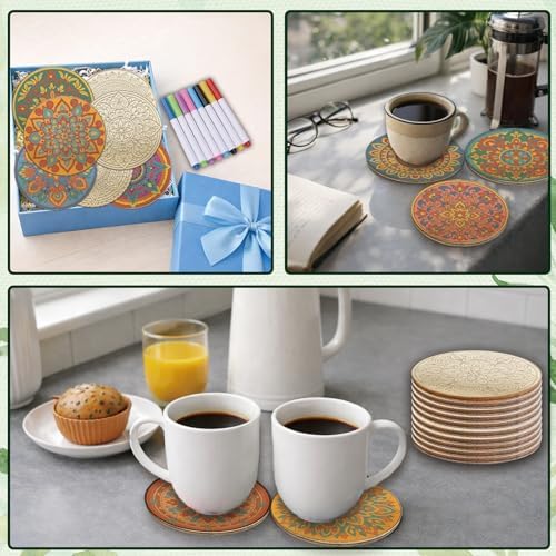 26PCS Wood Coasters Craft Kit 10 Paint You Own Coaster with 16 Markers Wooden Coasters Painting Set for Adults and Beginners DIY Coaster Kit Mandala Painting Crafts Art Supplies(Mandala) - Image 7