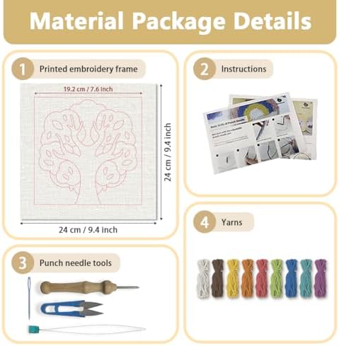 Doodlream Colorful Tree DIY Punch Needle Embroidery Kit for Adult Beginner, 9.4" Multicolored Tree Punch Stitching Craft Set for Starter with Frame, Fabric Pattern, Threader, Yarn, Pinch Needle - Image 2