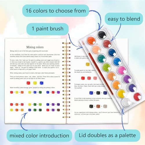 Easy Watercolor Workbook for Beginners - 12 Beautiful Step-by-Step Paintings Water Coloring Book, Includes 16 Colors Paints, Relaxing Art Projects and Creative Gift for Adults & Teen (Travel) - Image 5