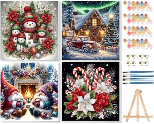 4 Pack Christmas Paint by Numbers Kit for Adults with Framed,Snowman Gnome Candy Cane Paint by Number with Wooden Easel DIY House Truck Christmas Tree Adult Paint by Number Kits for Wall Decor10x10in by VIGEGU
