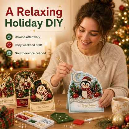 6 Pcs Diamond Art Christmas Ornaments, DIY Pearl Art Kits for Adults with Greeting Cards & Envelopes, 3D Rhinestone Painting Craft for Holiday Gift Making, Christmas Card Decorating Kit - Image 6