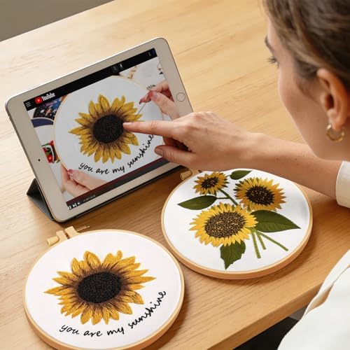 Sunflower Embroidery Kits for Beginners Adults, Floral Hand Embroidery Set Needlepoint Kits, Stamped Cross Stitch Kits for Beginners Adults, 2 Embroidery Hoops, Fabric, Thread(Attached Video Tutorial) - Image 4