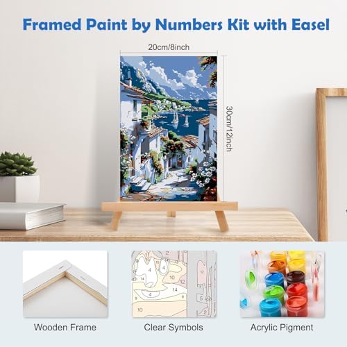 MOGTAA Coastal Town Paint by Numbers Kit for Adults Beginners with Frame, Mountains and Sea Adult Paint by Number Kits on Canvas with Easel, Easy DIY Oil Painting Kits for Home Decor, 8x12in - Image 2