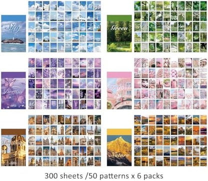 6 Sets 300 Pcs Washi Stickers Set Vintage Aesthetic Sticker Book for Journaling, DIY Retro Pattern Paper Sticker Decals for Bullet Journal Scrapbooking Diary Craft Gift Album Notebook for Women Girls - Image 2