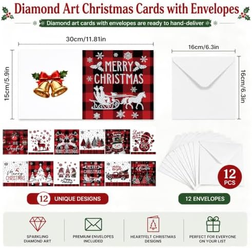 NUOFIX 12 PCS Diamond Art Christmas Cards with Envelopes, Christmas Crafts for Adults, Diamond Painting Kits for Card Making, Holiday DIY Kits (Red) - Image 2