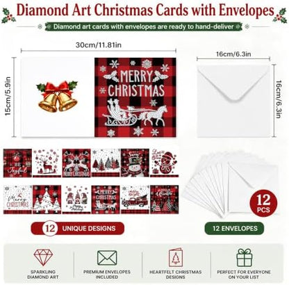 NUOFIX 12 PCS Diamond Art Christmas Cards with Envelopes, Christmas Crafts for Adults, Diamond Painting Kits for Card Making, Holiday DIY Kits (Red) - Image 2