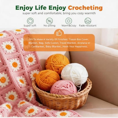 HHSarioneiro Crochet Blanket Kit for Beginners, Easy Granny Square Crochet Kit for Adults,with Step-by-Step Instructions and Clear Videos, Includes Multiple Accessories, Gift for Craft Lovers(Pink) - Image 5